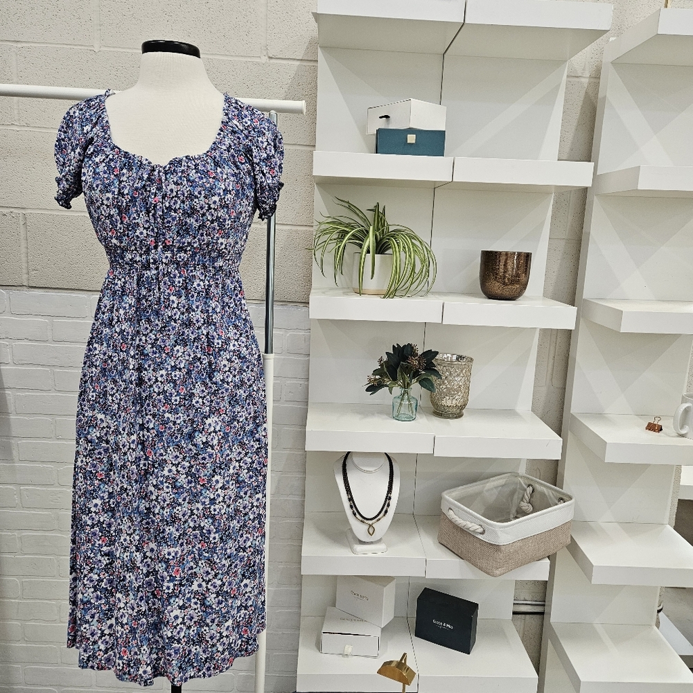 Watercolor Ditsy Milkmaid Tie Detail Midi Dress